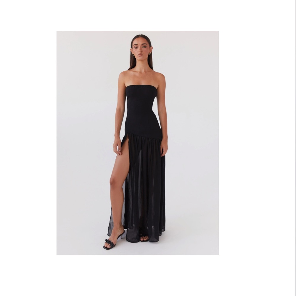 Peppermayo Black Strapless Slit Maxi Gown